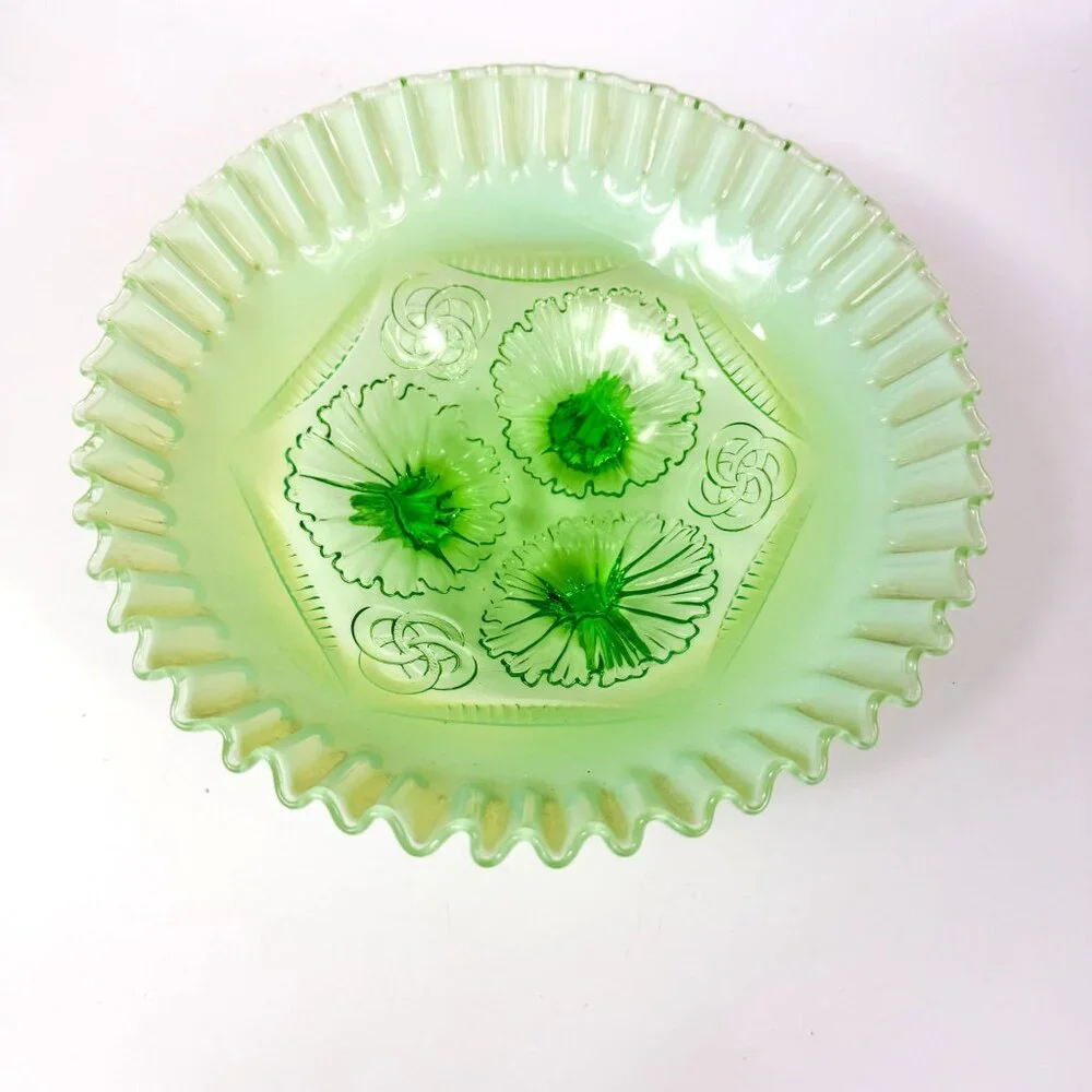 Jefferson Glass Green Opalescent Ruffles and Rings 3 Footed Bowl # 208